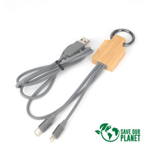 Connect multicargador 4 en 1 de bamboo con llavero. personalizable