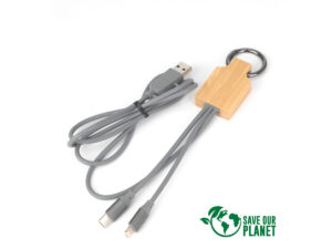 Connect multicargador 4 en 1 de bamboo con llavero