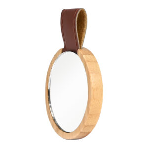 Espejo redondo de bamboo y eco-cuero personalizable, vista 3