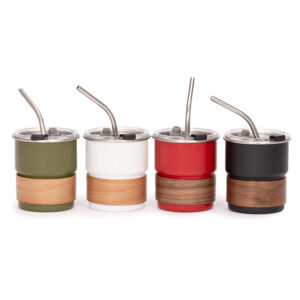 Vaso térmico metálico camp 300cc. Con bombilla y grip de madera. personalizable