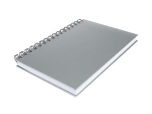 Cuaderno corporativo tapa dura plateada.