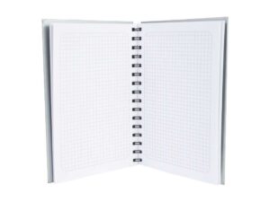 Cuaderno corporativo tapa dura plateada.
