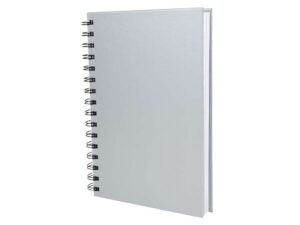 Cuaderno corporativo tapa dura plateada.
