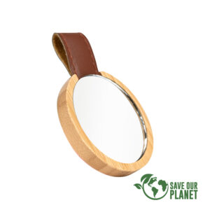 Espejo redondo de bamboo y eco-cuero personalizable