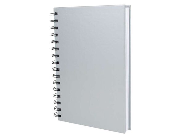 Cuaderno corporativo tapa dura plateada.